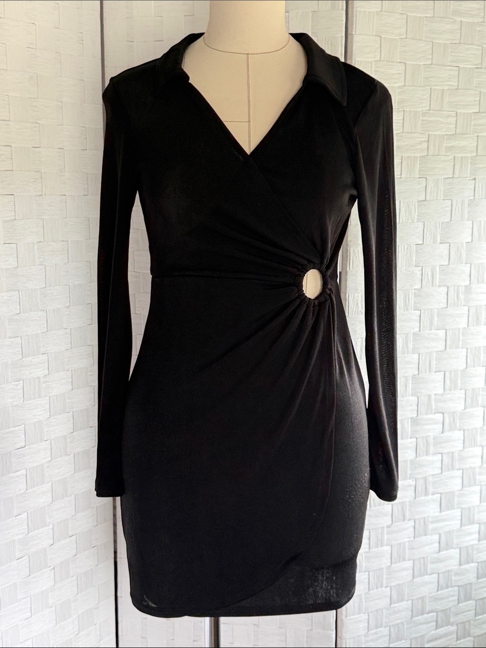 Black Long-Sleeve Wrap-Front Dress with Side Ring Detail